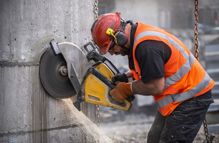 Worker performing concrete slab cutting and wall cutting with professional saw equipment