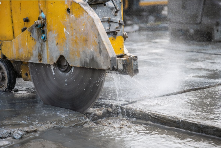 Concrete saw cutting through a slab for demolition and project support